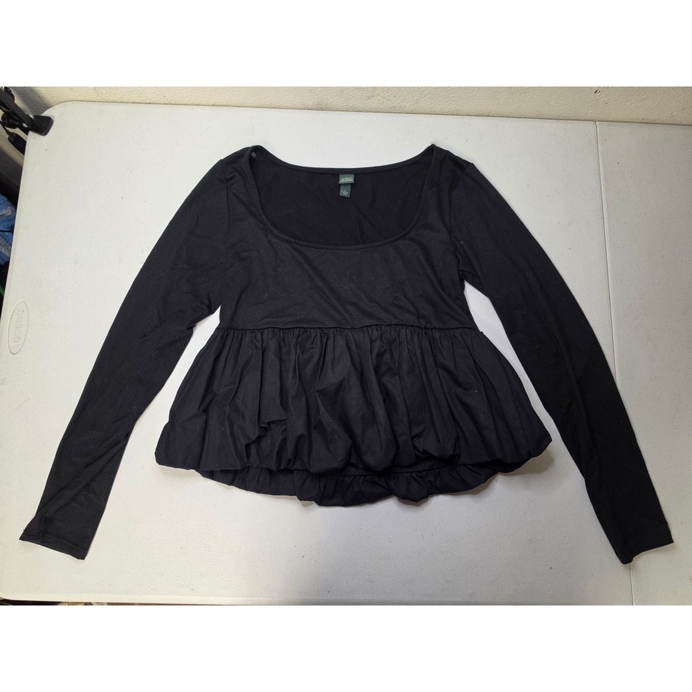 Wild Fable Womens Black Long Sleeve Bubble Hem Peplum Scoop Neck Top Large